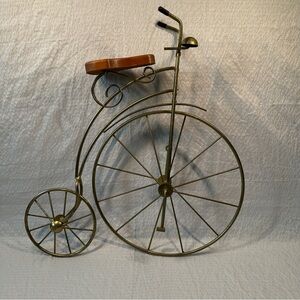 Vtg Brass-Tone Metal Penny Farthing High Wheel Bicycle Sculpture with Wood Seat